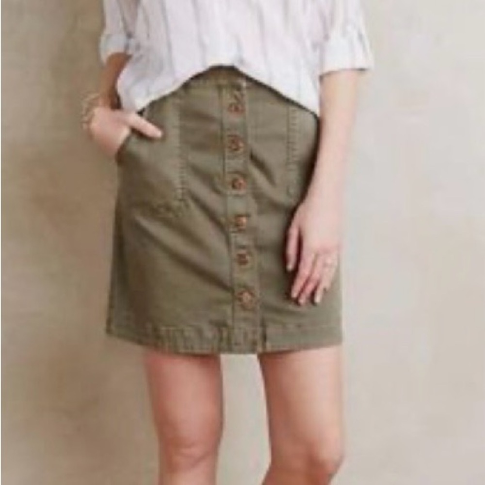 Anthropologie Pilcro Olive Army Green Chino Button Mini Skirt Size 6